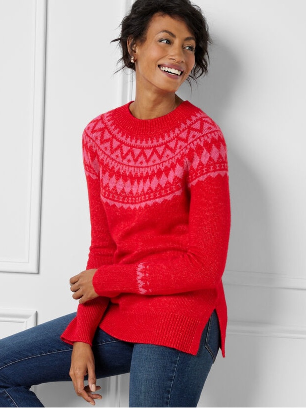 Talbots Red Fair Isle Crewneck Sweater